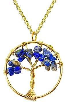 Only faith Collar para Mujer Arbol de Vida con piedras naturales Hecho a mano Acero Inoxidable Amuleto y protección Limpieza de 7 Chakras meditación (Lapislázuli Dorado)