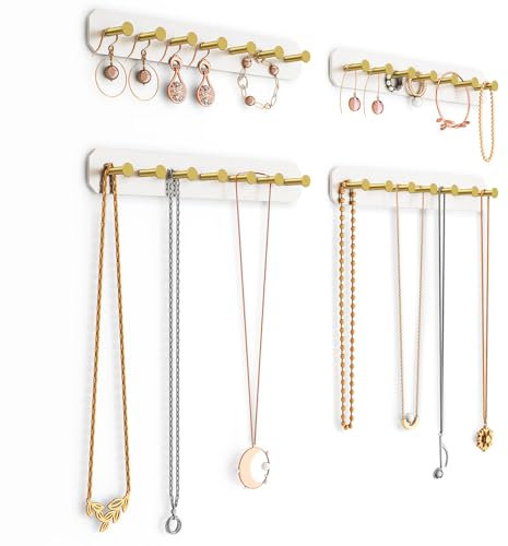 NiHome 4 Stück Wand Ketten Aufbewahrung Schmuckaufbewahrung mit Karbonstahl-Haken, Kettenhalter für Halsketten, Hängend Schmuckhalter für Schminktische, Badezimmer, Küche, Einfache Montage (Weiß)