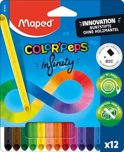Maped - Color'Peps Infinity Buntstifte - 100% farbige Mine, 100% verwendbar - Null Abfall - kein Anspitzen - sehr langlebig - ergonomische dreieckige Form - Set mit 12 Stiften