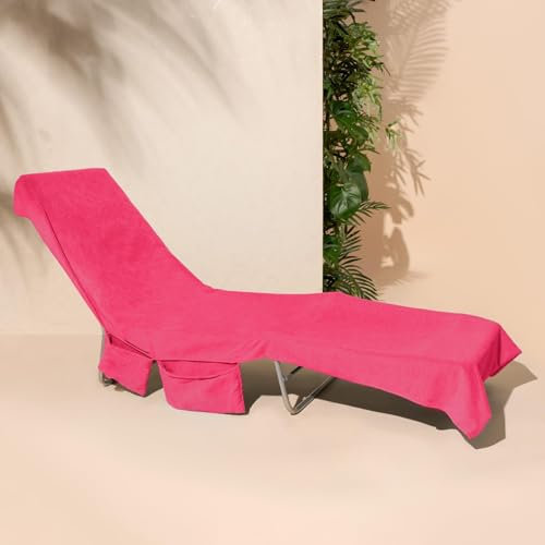 Brentfords Sun Lounger Towel with Pockets, Summer Holiday Essentials Large Beach Towels for Adults Beach Sun Lounger Towels Swimming Pool Quick Dry Microfibre Beach Towel, 215x75cm - Pink