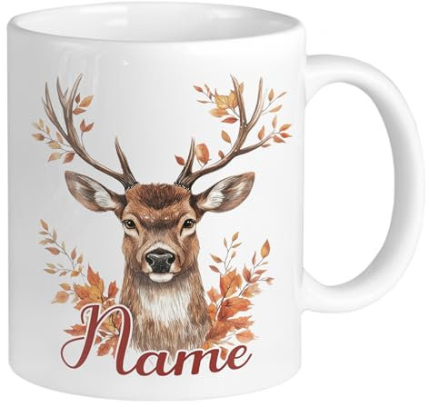GRAZDesign Tasse Hirsch mit Namen personalisiert, Becher mit Herbstmotiv, Geschenk für Waldliebhaber, Keramik 330ml