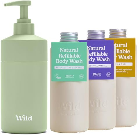 Wild Natürliches Nachfüllbares Duschgel-Starterset - in salbeigrünem Case und einem 3er-Pack Duschgel-Nachfüllpackung in verschiedenen Duftrichtungen - Coconut & Vanilla, Fresh Cotton und Amber & Oud