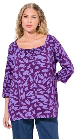 Ulla Popken Damen große Größen Übergrößen Plus Size Shirt, A-Linie, Zierfalten, Carree-Ausschnitt, 3/4-Arm violett 54+ 834108836-54+