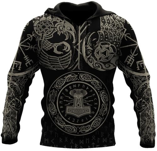 MYZTTZR Hoodie,3XL, Thor Hammer Odin Raven Norse Runes 3D Printed Cosplay Hooded Tops Spring Autumn Winters Long Sleeves Black Mens Valhalla Outerwear