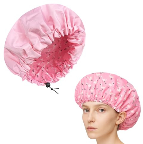 Shower Cap Reusable Shower Caps for Women, Double Layer Waterproof Bath Caps Adjustable Plastic Hat for Shower, Spa, Home Use and Hotel