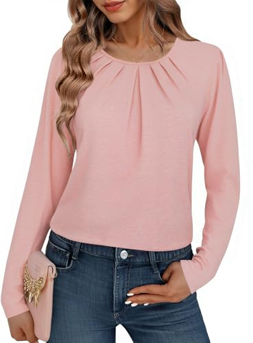 Totatuit Damen Langarmshirt mit Rundhals und Raffung für Herbst | Einfarbiges Design, lockere Passform, elegante Blusenoptik, für Alltag Büro Freizeit, kombinierbar mit Jeans Rock oder Jacke