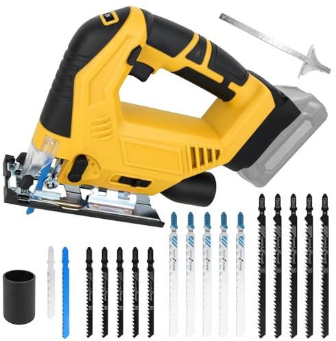 20V Cordless Jigsaw Tool, Electric Jigsaw Compatible with DeWalt Battery | 300W Electric Jig Saw, 0-2700RPM, 0-45° Bevel & 4 Orbital Settings, Include 15 Blades for Wood Metal Plastic, Without Battery