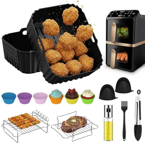 15-Teiliges Heißluftfritteuse Zubehör für Philips Airfryer 4000 Series | Airfrye Zubehör für Philips Stacked Dual Basket 10L,NA460/00 & NA462/70 inkl.Silikonform,Edelstahl Grillrost & Backset