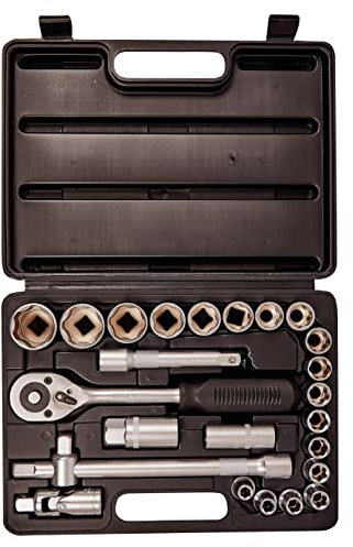 Amtech - Ratchet Driver Socket Set, DIY at Home, Easy to Use, Ideal for Heavy Jobs with Larger Nuts, Strong Chrome Vanadium Steel, Includes Convenient Storage Box (25 ½” Piece)