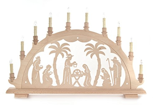 Schwibbogen natur Christi Geburt, Krippen-Motiv, elektrisch beleuchtet, von DREGENO SEIFFEN 67,5 cm – Original erzgebirgische Handarbeit