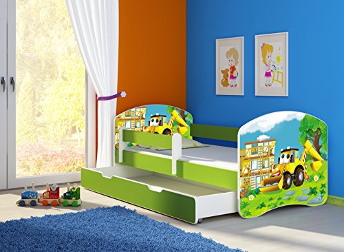 CLAMARO 'Fantasia Grün' 140 x 70 Kinderbett Set inkl. Matratze, Lattenrost und mit Bettkasten Schublade, mit verstellbarem Rausfallschutz und Kantenschutzleisten, Design: 20 Bagger
