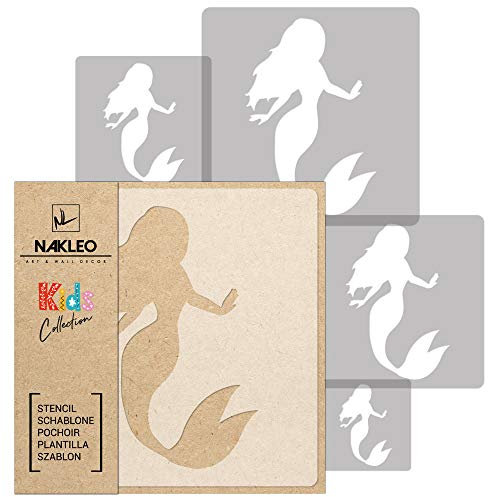 NAKLEO Wiederverwendbare Kunststoff Schablonen Malen Kinder, 5 Stück Set 9x9 bis 34x34cm Sirene Meerjungfrau Ariel, Kinderzimmer Malvorlage Raumdekoration, Basteln DIY Wand Möbel