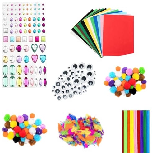 Edukit Crafting Kit - 280 Pieces - Inc Pipe Cleaners, Pompoms, gems, Googly Eyes, Felt & Feathers - Various Sizes and Colours - Great for Children and Adult Crafts, for Home or workshops