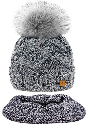 MFAZ Morefaz Ltd Set Mütze & Schal Winter Damen Alpaka Wolle Beanie Strickmütze Wurm Fleece Bommel Pom Pom (Platinum Grey Set Hat&Scarf)