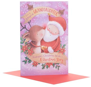UK Greetings | Christmas Card for Granddaughter | Santa and Reindeer Design | Xmas Presents | Greeting Card | Her/Girls/Women | With Envelope | 14.9 x 14.9cm