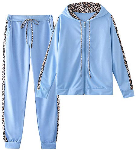 amropi Traingsanzug Damen Jogginganzug Leopard Kapuzenpullover Lange Ärmel Top + Hose Sportanzug 2 Stück (Blau,L)