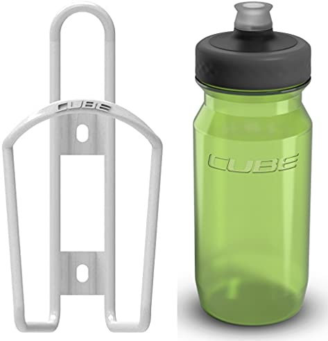 Cube HPA Cage - Gloss White & Grip Bottle - Green, 750ml / Lightweight Bicycle Cycling Cycle Bike MTB Mountain Road Water Drink Flask Bidon Bracket Mount Holder Carrier Part HPC HPP Set Accessories