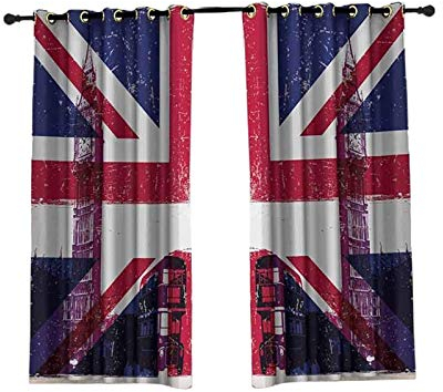 JIAHU 2 Paneele Union Jack Verdunkelungsvorhänge Curtains Grungy Aged UK Flagge Big Ben Double Decker