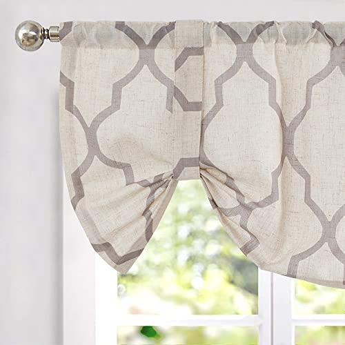 TOPICK Leinen-Optik Gardinen 1 Stück 45Hx127B(cm)-1PC Geometrische Scheibengardinen Marokkanische Vorhänge Verdunklung Küchenvorhang Grau auf Beige
