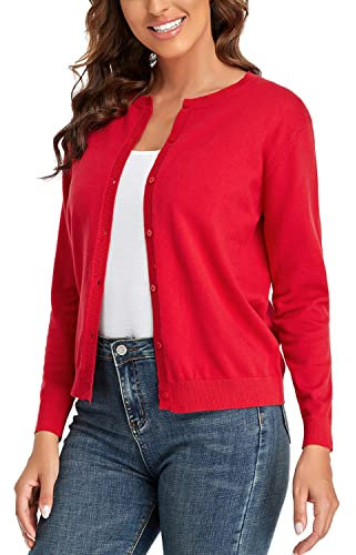 CUNYI Women’s Cardigan Long Sleeve Sweater Lightweight Classic Crew Neck Ladies Coat with Buttons Casual Open Front Elegant Outerwear, Red XL