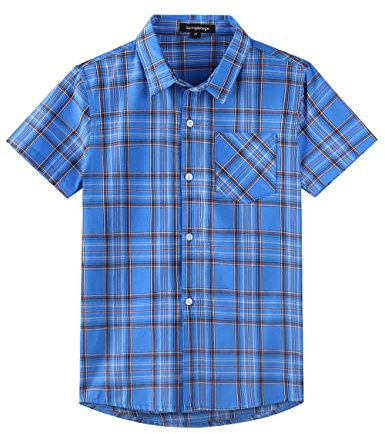 Spring&Gege Jungen Kurzarm Karo Hemd, Plaid Knopf Unten Hemd für Kinder, Blau, 116-122/5-6 Jahre