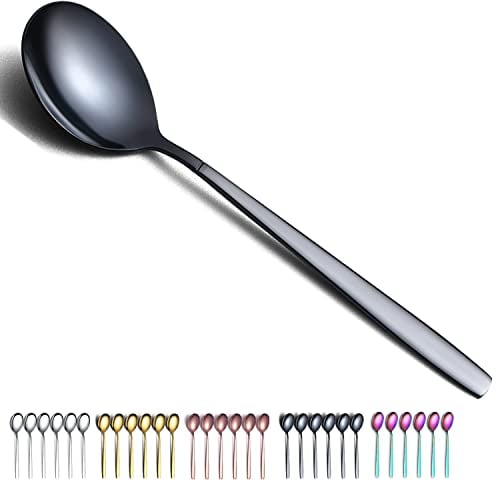 Black Dinner Spoons 6 Pieces, Kyraton 19cm Stainless Steel Titanium Plating Black Table Spoons, Dessert Spoons, Cutlery Spoons Set, Dishwasher Safe.