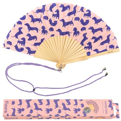 Fisura - Origineller Handfächer mit Hundezeichnung. Moderner und lustiger Fächer. Rosa und lila Faltfächer. Maße: 42,5 X 23. Material: Holz und Textil.