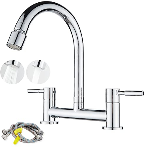 Ankoory Bridge Kitchen Sink Mixer Tap, Kitchen Bridge Mixer, 2 Hole Faucet Deck Mounted (180mm Centres), Dual Levers Kitchen Taps with 2 Function Aerator, 1/4 Turn, 360° Swivel Spout, Brass, Chrome