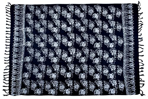 Pareo Sarong Tuch Damen - Wickelrock Strand - Strandtuch Blickdicht als Wickeltuch oder - Handtuchkleid und Wickelkleid Damen - Handarbeit aus Fair Trade Herstellung Schwarz Fisch