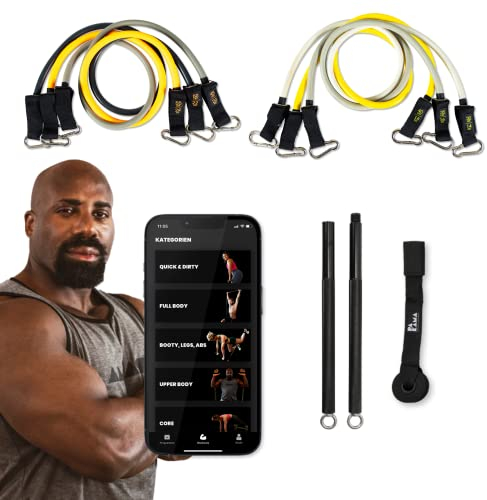 PAKAMA - Premium 6er Set Widerstandsbänder inkl. Langhantel-Stange (Bar) für Home Workout & Krafttraining Zuhause - Heavy Resistance Bands 14kg bis 24kg - Fitness-Bänder für bis zu 220kg Widerstand