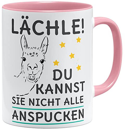 OM3® Lächle du kannst sie nicht alle anspucken Lama Kaffee-Tasse mit Spruch - Motiv Alpaka - Keramik Becher - 325ml - Beidseitig Bedruckt - Rosa