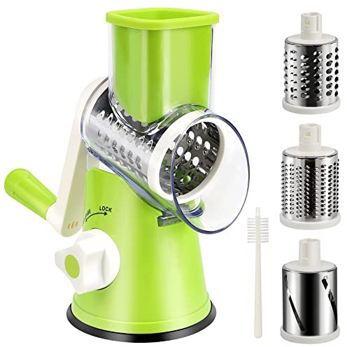YNNICO Rotary Cheese Grater - Manual Mandoline Slicer with Non-slip Suction Base, Vegetable Slicer Nuts Grinder Cheese Shredder with Clean Brush (Green)