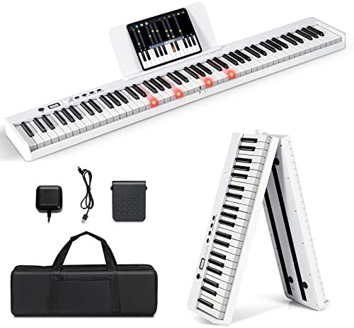 COSTWAY Tastiera Elettronica 88 Tasti Illuminati, Pianoforte Digitale Pieghevole Portatile con Custodia, Sustain Pedali, Modalità di Insegnamento, MP3/USB/MIDI/Bluetooth (Bianco)