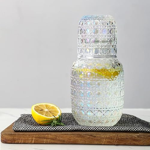 BestAlice Carafe à eau de chevet et verre - 450 ml - Table de chevet vintage - Carafe en verre avec tasse - Pichet à eau transparent pour chambre à coucher, salle de bain - Couleur :