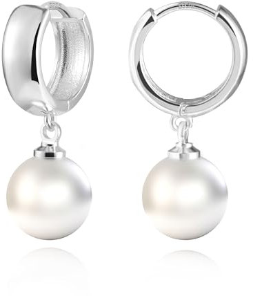 ASH'S CHOICE Silver Pearl Drop Earrings for Women, 925 Sterling Silver Pearl Hoops Earrings, Hypoallergenic Small Cartilage Huggies Hoop Earring with White Freshwater Pearls Dangling Hoop Earrings