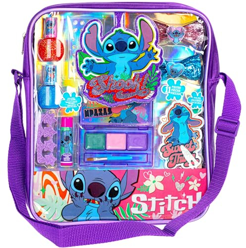 Disney Stitch Mit Make-up gefüllte Schultertasche mit Lipgloss, Nagellack, Haarschleife und mehr! Für Mädchen, ideal für Kinder ab 3 Jahren, perfekt für Partys und Makeovers