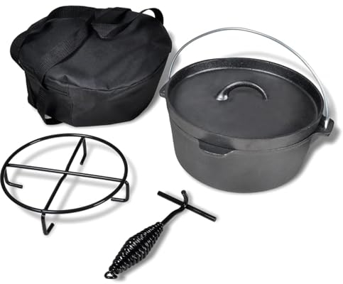 BaraSh Dutch Oven Cooking Set Cast Iron Camping Cooking Set Kitchen Cookware Bakeware Set w/Carrying Bag for Outdoor Frying BBQ Baking on Open Fire,Dutch Oven 4.2 L including Accessories