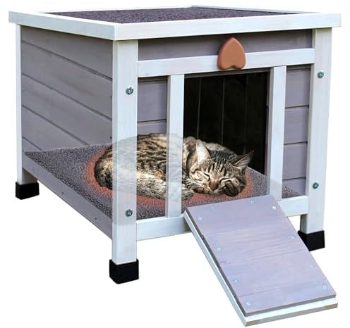 Katzenhaus für draußen mit Selbstwärmematte, wetterfestes Wildkatzenhaus Outdoor, hölzernes kleines Haustierhaus und Lebensräume-mit Matte 42 x 51 x 43 cm (Grau)