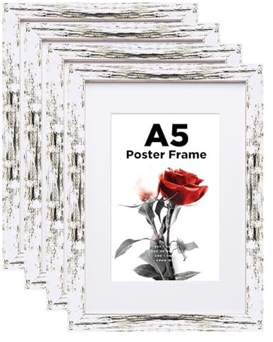 Egofine Cornice portafoto in legno A5, formato A5, con vetro acrilico, per foto 10 x 15 cm, per montaggio a tavolo e a parete, 14,8 x 21 cm, per ritratti, casa, ufficio, retro bianco, 4 pezzi