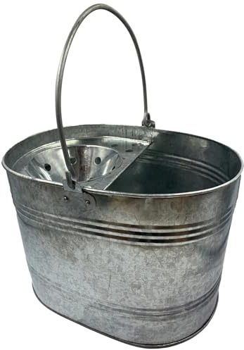 Galvanised Metal Mop Bucket With Wringer – 12L Heavy Duty Mop Buckets Only Steel Cleaning Bucket with Built-In Strainer for Home Bathroom, Kitchen & Office