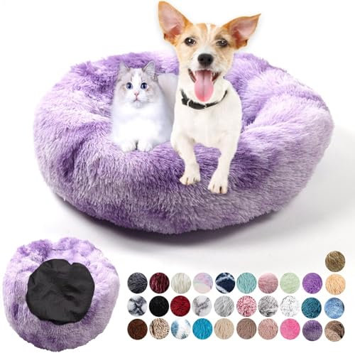 Ryanbem Hundebett Rund Plüsch Hundekissen Weich Warm Hundebetten Anti-Angst, Hundehütte Flauschig Kissen Hundebett Waschbar für Kleine, Mittelgroße, Große Hunde Farbverlauf Lila 50cm