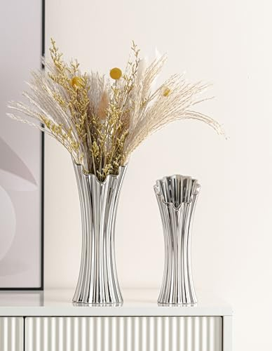 ZMARKRAFT Schwarze Keramik Vasen, Moderne Galvanisierte Schwarze Vasen, Deko Schwarz, Porzellan, Deko Hochzeit Schwarz, Tischset, Schlafzimmer Moderne (Silver, Set)