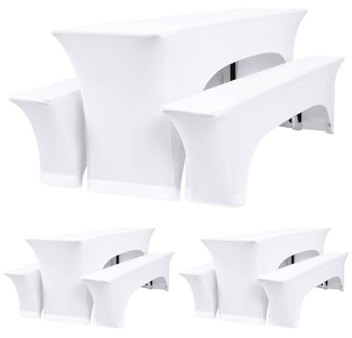 Teruntrue 3 Sätze weiße Biertischhussen,Elastische Bierbankhusse und Tischdecken,Bierzeltgarnituren 220 x 70 x 70 cm, 70 cm Tischbreite, für Bankett Gartenmöbel Abdeckungen.