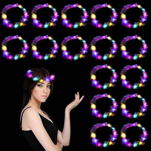 HIQE-FL LED Federkranz Stirnband,16 Stück LED Blumenkranz Haare,Leuchtende Haarkränze,LED Blumenkranz,Haarkranz Feder,Halloween,Weihnachten,Party Dekoration