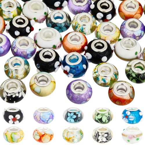 SUNNYCLUE 1 boîte de 60 pièces de 10 styles de Perles de Murano à Grand Trou Perles D'Espacement Européennes en Verre Rondelles Colorées en Résine pour la Fabrication de Bijoux Bracelets Colliers Bouc