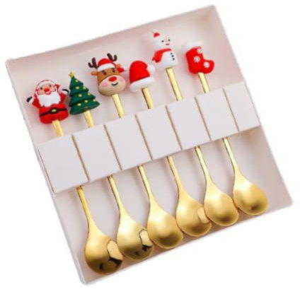 F Fityle 6 Pezzi di Posate Natalizie in Argento con Scatola, Piccolo Cucchiaio da Dessert in Acciaio Inossidabile, stoviglie per Feste di Natale, Ristorante, Style D