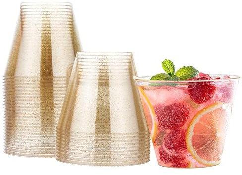 MATANA 30 Vasos de Plástico Duro con Brillo Dorado (255ml / 9oz) - Vasos de Plastico Duro Reutilizable para Bebidas, Cócteles, Postres - Vasos Dorados para Fiestas, Cumpleaños, Bodas