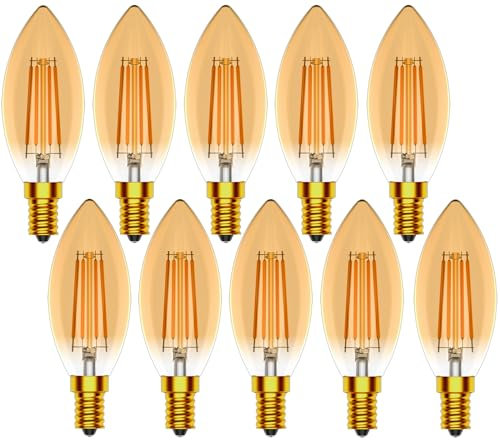 Zcexhph E14 Kerze LED Vintage Glühbirne,Dimmbar Kerzenform LED,4W Ersetzt 40 Watt,2700K Warmweiß Retro Kerzenlampe,Filament Leuchtmittel 400LM,Amber,10er Pack