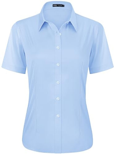 J.VER Womens Short Sleeve Blouse Dress Shirts Stretch Fitted Formal Button Down Shirts Business Work Blouse Summer Casual Tops for Ladies Blue M