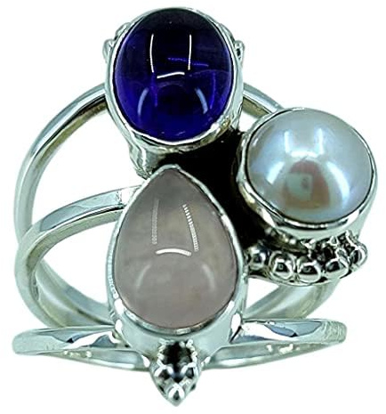 Navya Craft Amethyst Rosenquarz Perlenring 925 Sterlingsilber Statement-Ring für Frauen Natürlicher Dreifachedelstein Handgefertigter Schmuck Geburtsstein Geschenk